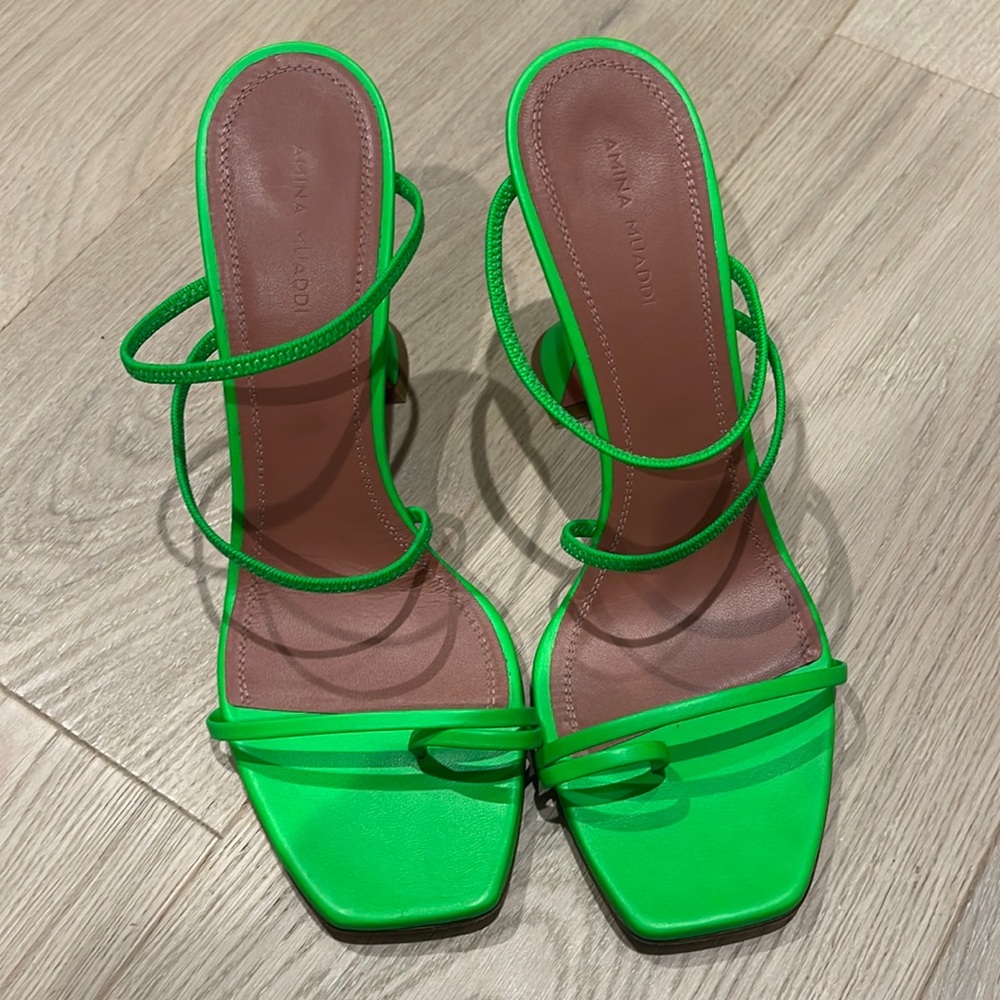 Amina Muaddi bright Green heels